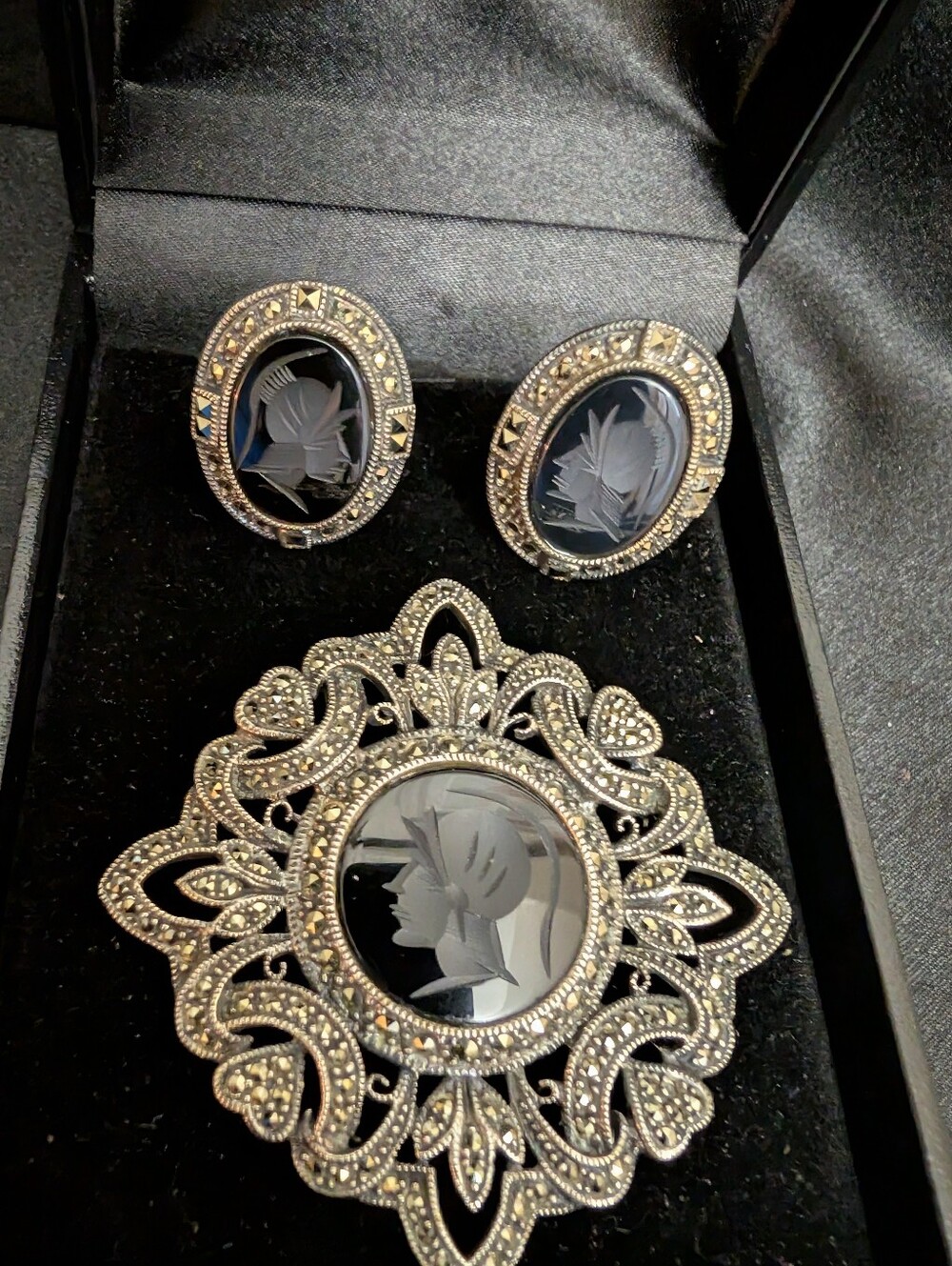 #15. Vintage Sterling Judith Jack Marcasite & Black Intaglio Cameo Brooch & Earr
